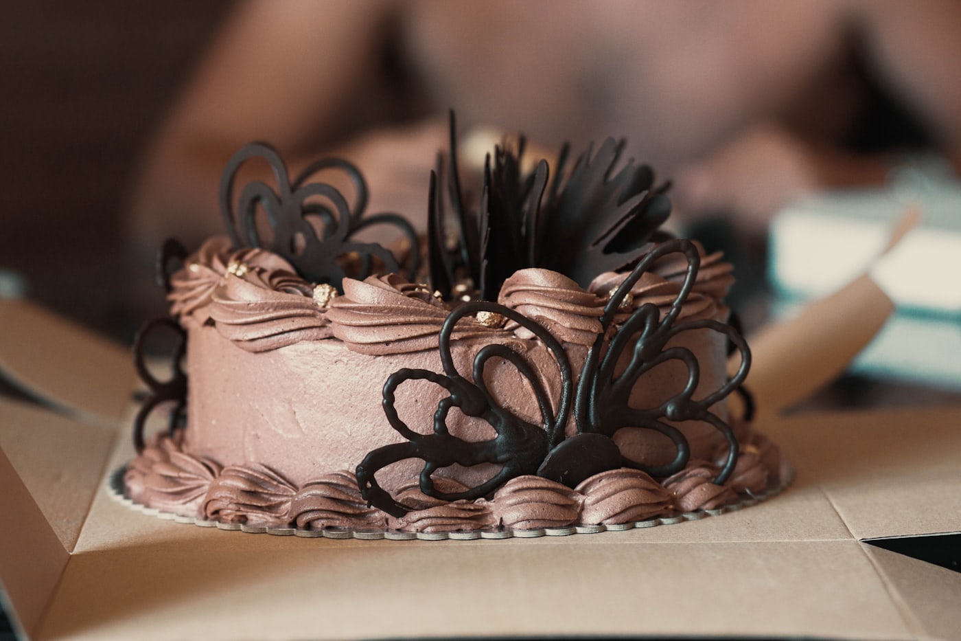 Bakery cake box with printed branding on a counter