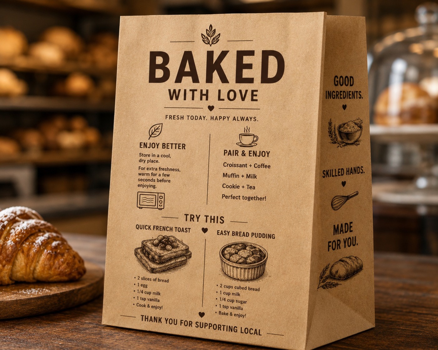 Kraft bakery bag printed with a sample Baked with Love design on a bakery counter