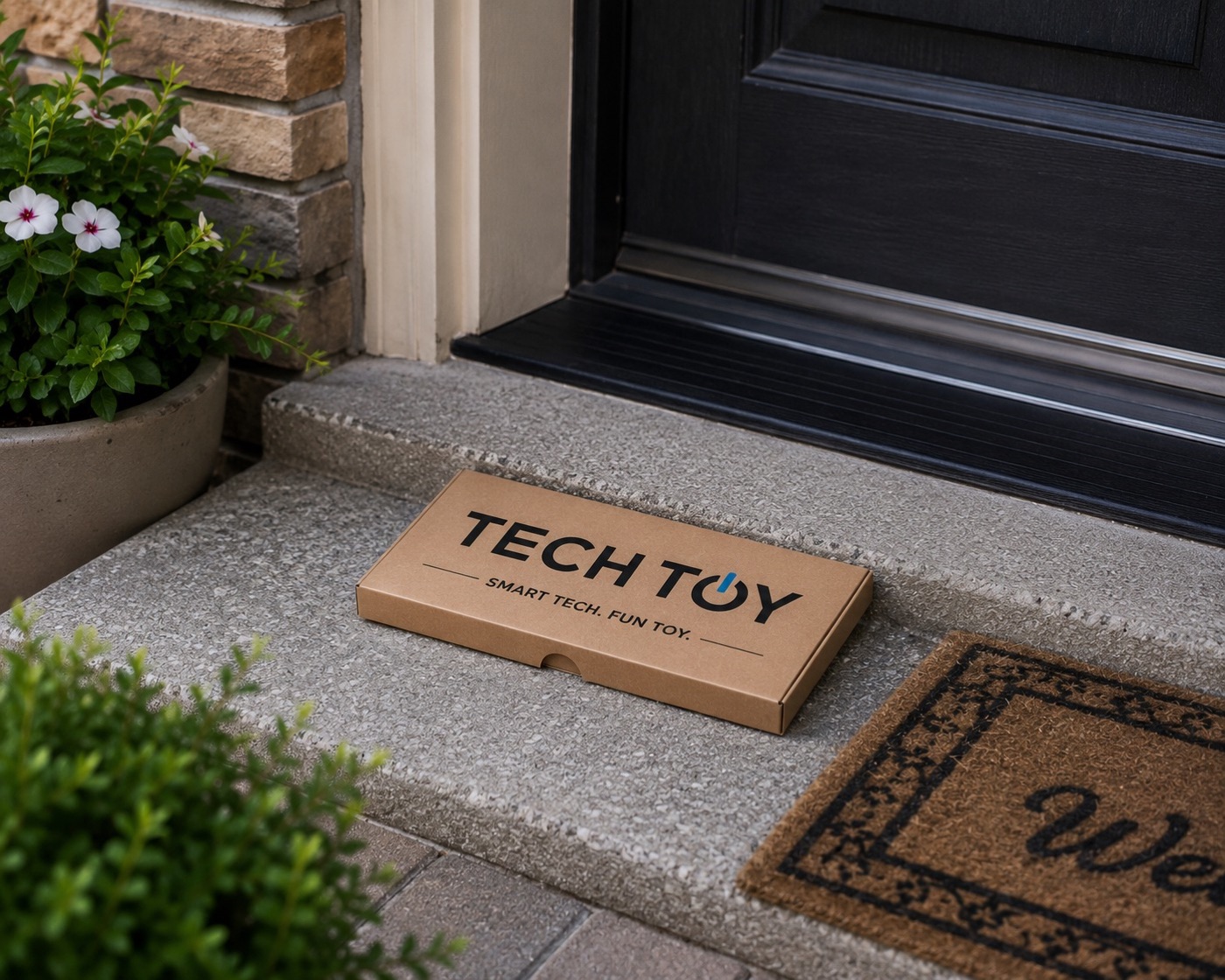 Slim printed kraft mailer box delivered at a front door
