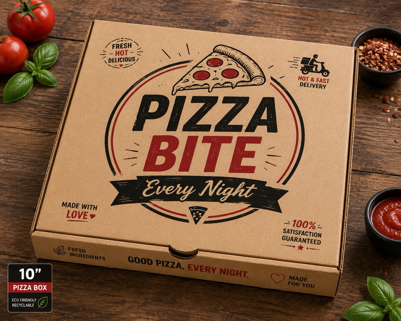 Kraft 10-inch pizza box printed with a Pizza Bite sample design on a rustic table with tomatoes and basil