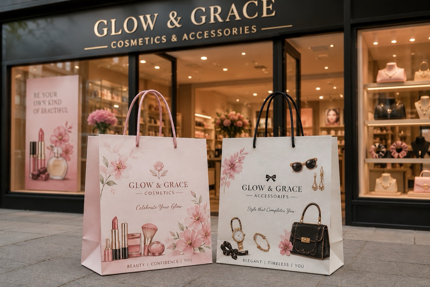 Two printed boutique shopping bags in front of a cosmetics storefront