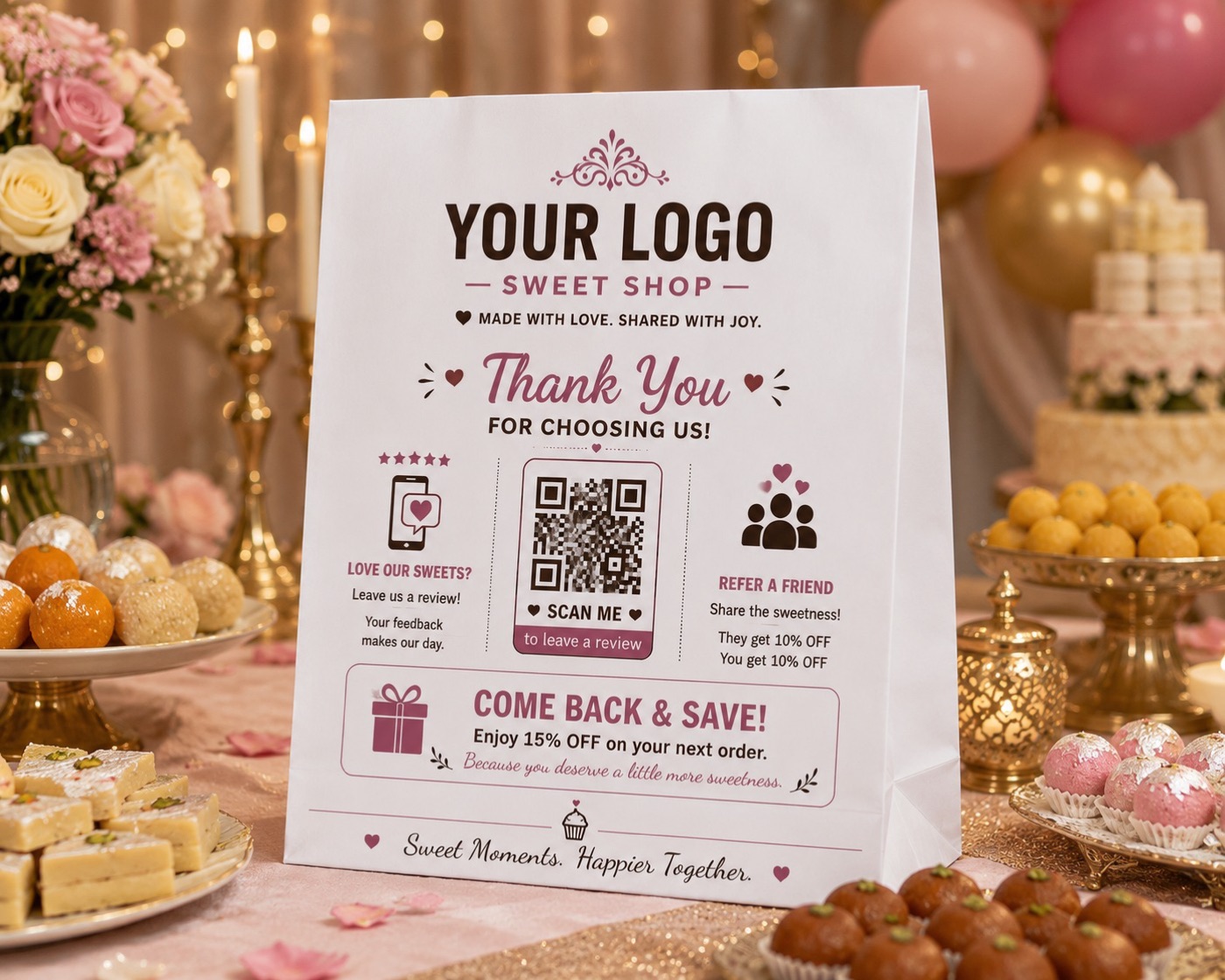 Printed sweet-shop favour bag on a wedding dessert table