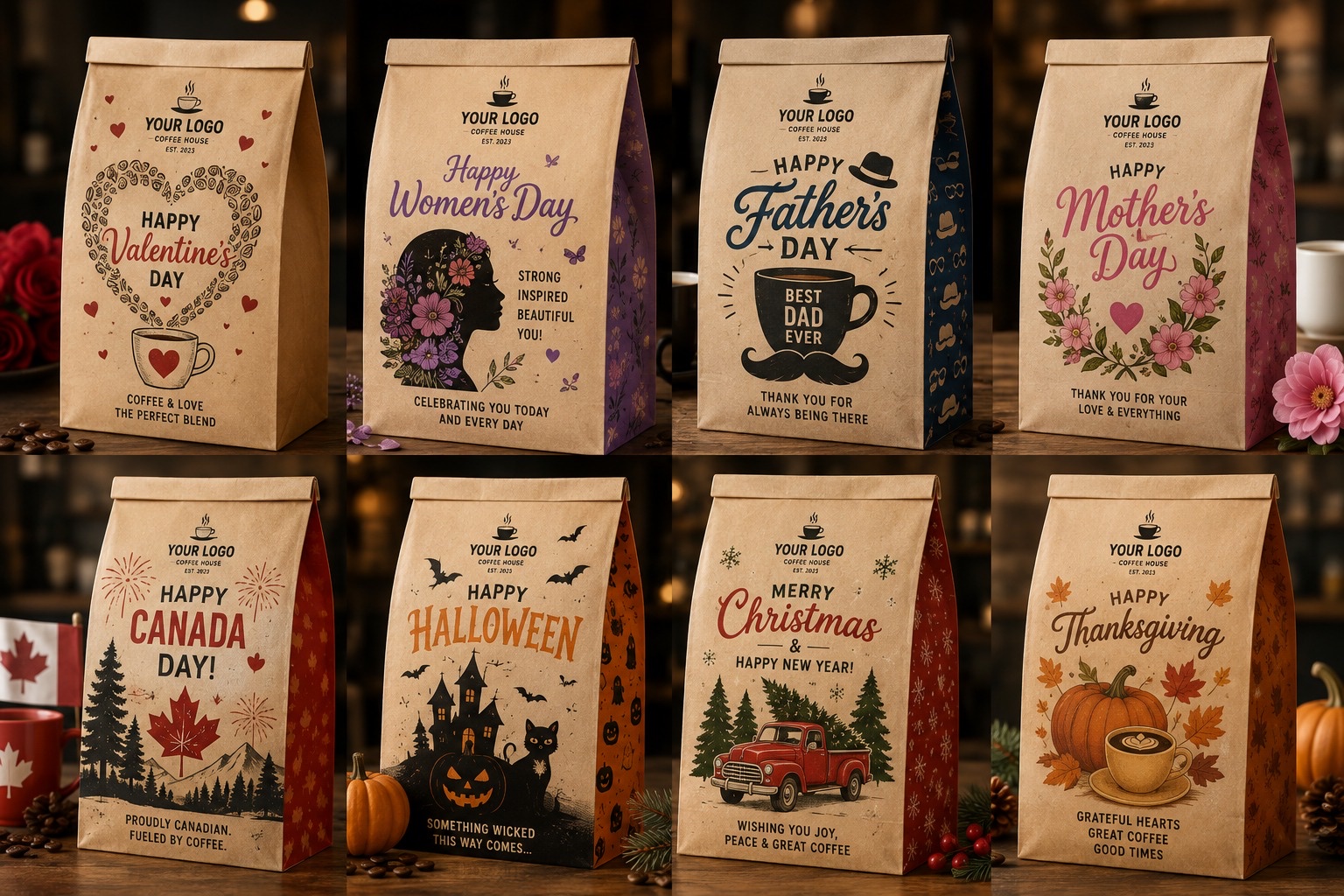 Eight kraft coffee-house bags printed for special days — Valentine's, Women's Day, Father's Day, Mother's Day, Canada Day, Halloween, Christmas, and Thanksgiving