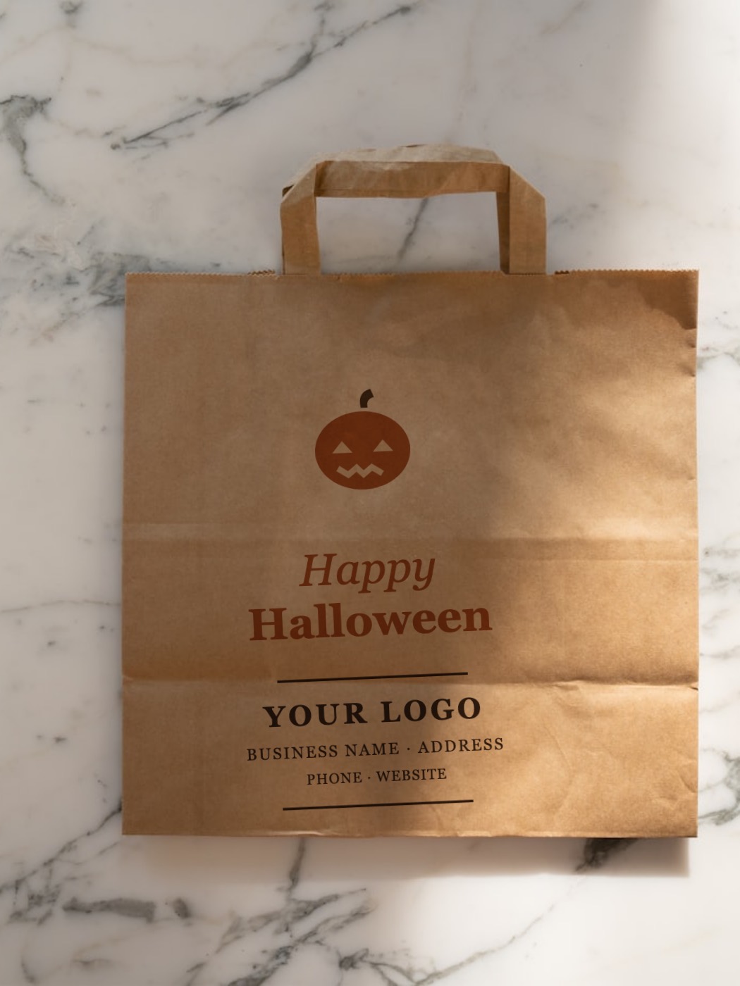 Kraft bag printed with a jack-o-lantern and Happy Halloween