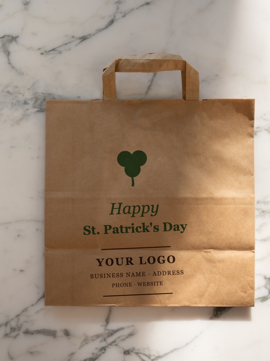 Kraft bag printed with a green shamrock and Happy St. Patrick's Day