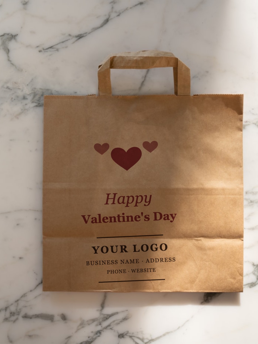 Kraft bag printed with hearts and Happy Valentine's Day above a your-logo placeholder