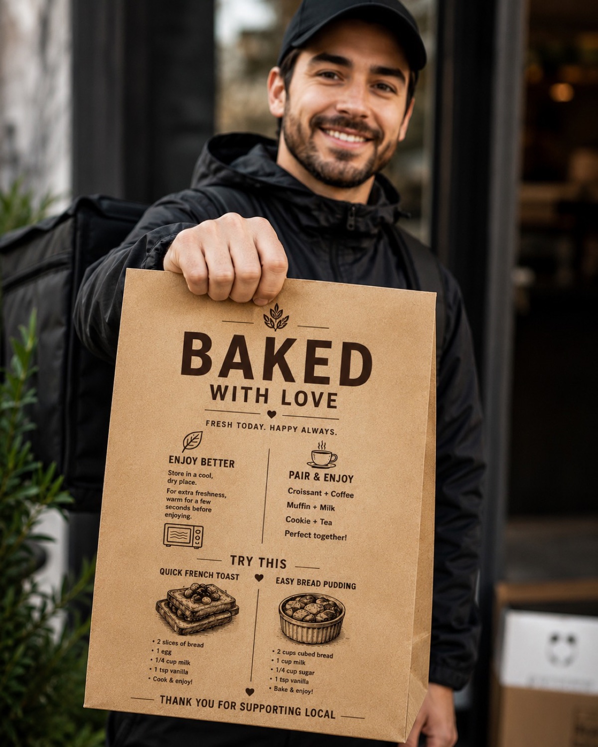 Courier hands over a printed kraft bakery bag at the customer's door