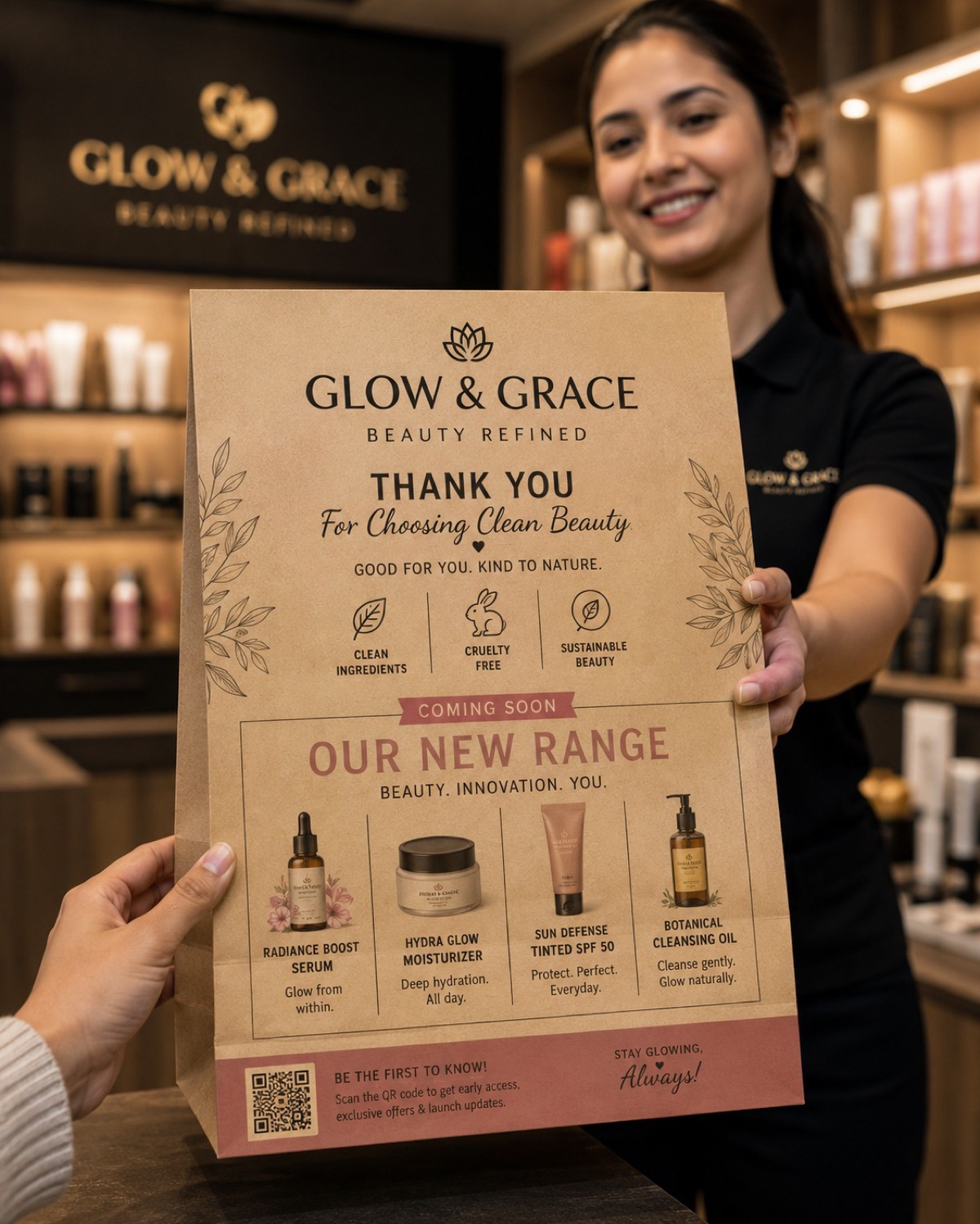 Kraft beauty bag printed with a new-range announcement handed over a salon counter