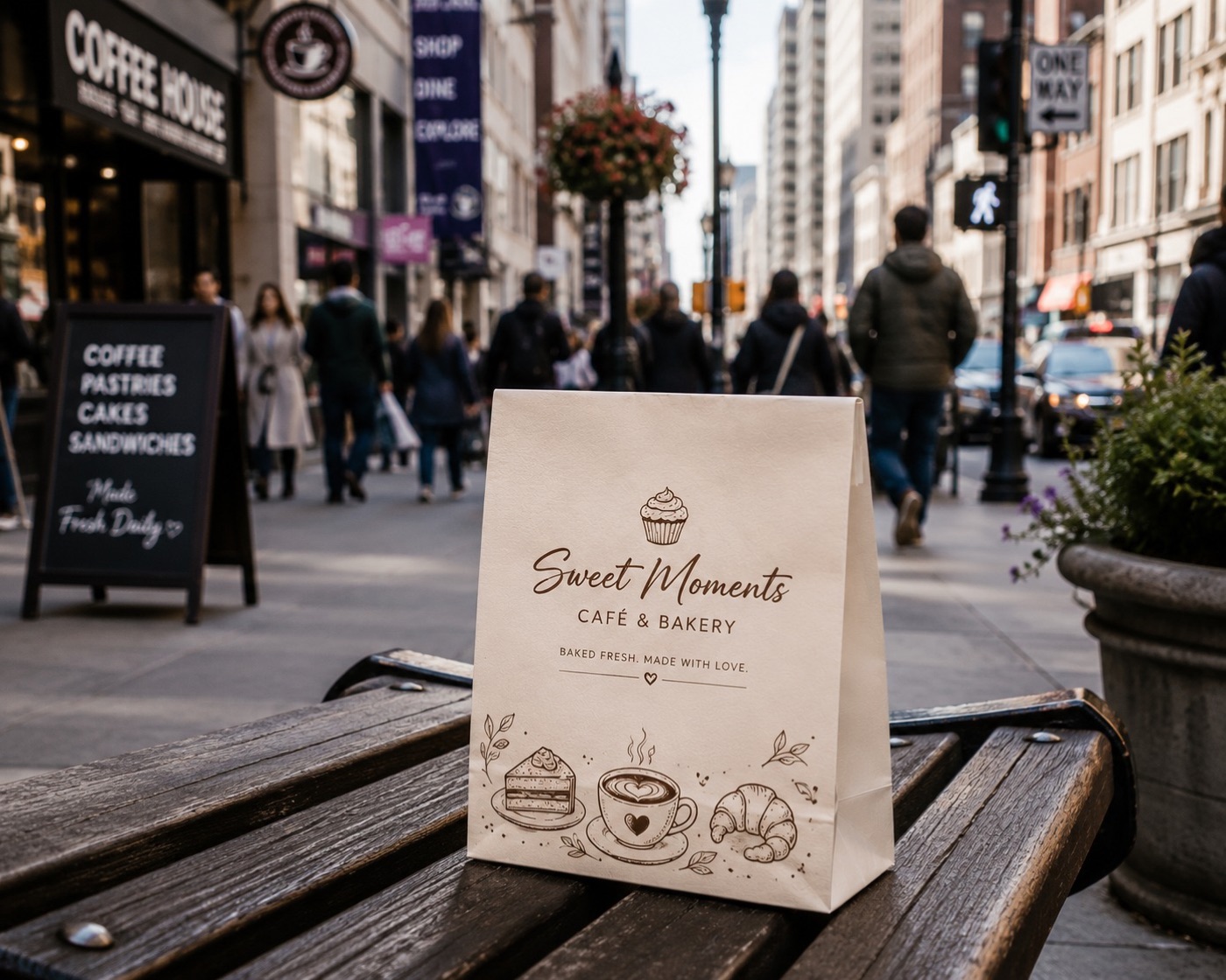 White café bag printed with a sample bakery design on a street bench