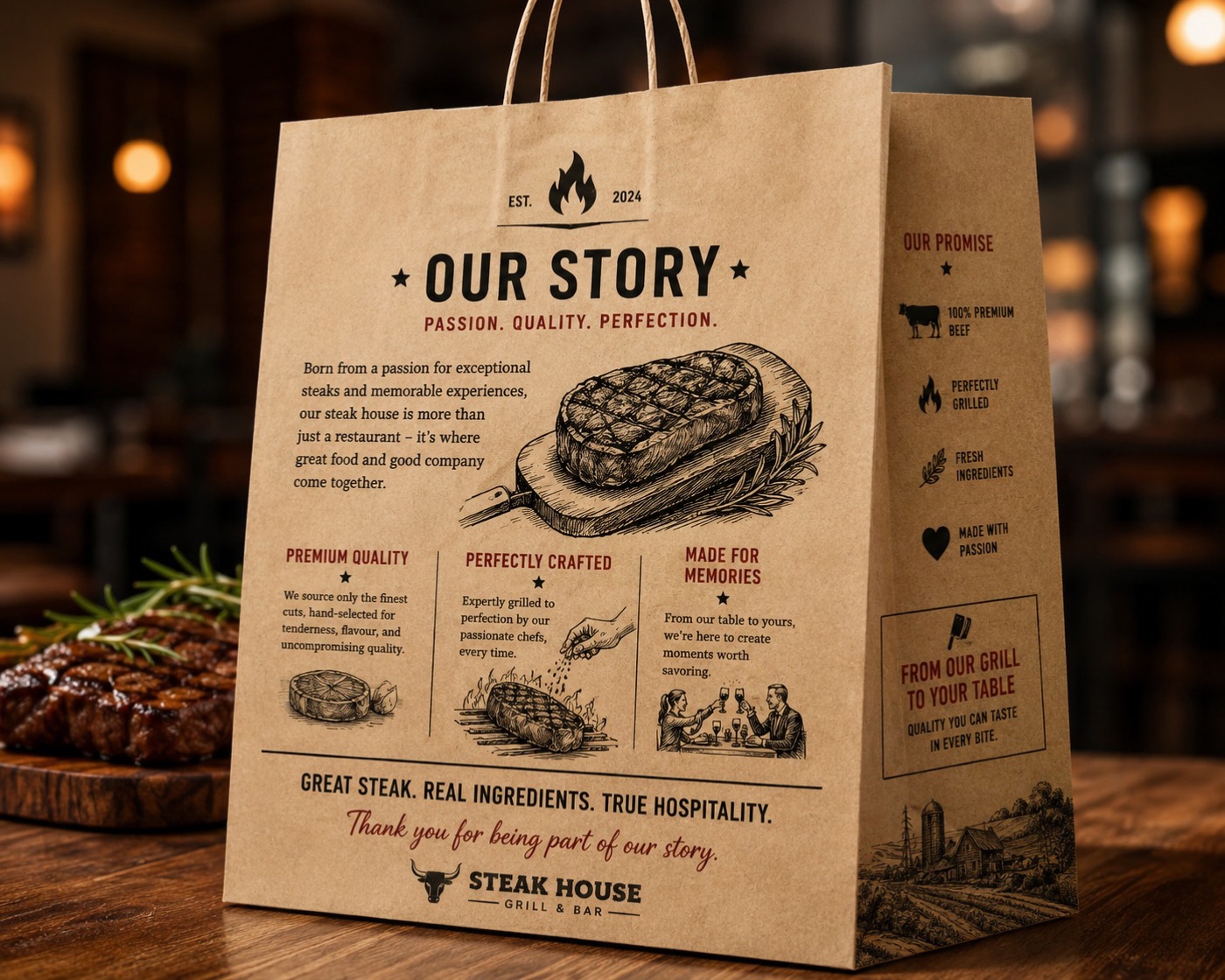 Kraft steakhouse bag printed edge-to-edge with an illustrated brand story