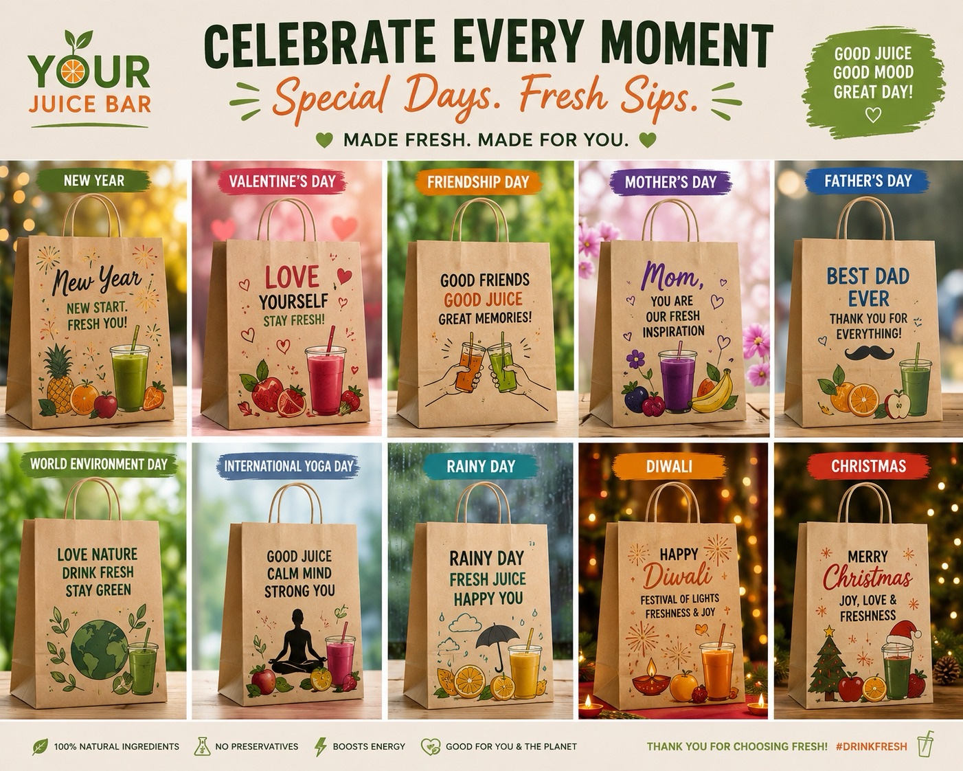 Ten kraft juice-bar bags printed with seasonal designs — New Year, Valentine's, Mother's Day, Diwali, Christmas, and more