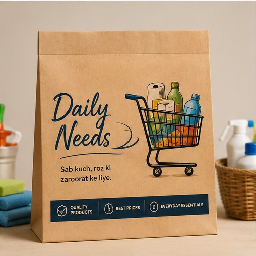 Kraft bag printed with a Daily Needs design and a shopping-cart illustration