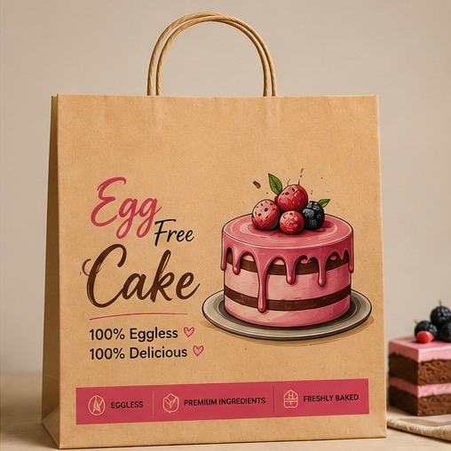 Small cake shop's printed kraft bag — full branding at low volume