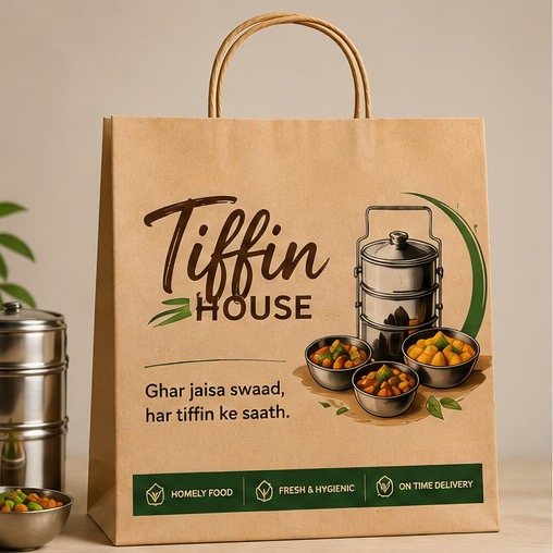 Tiffin service bag printed with an on-time delivery promise