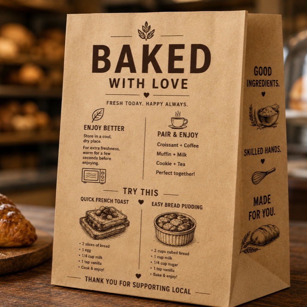Kraft bakery bag printed with storage tips, pairing ideas, and quick recipes