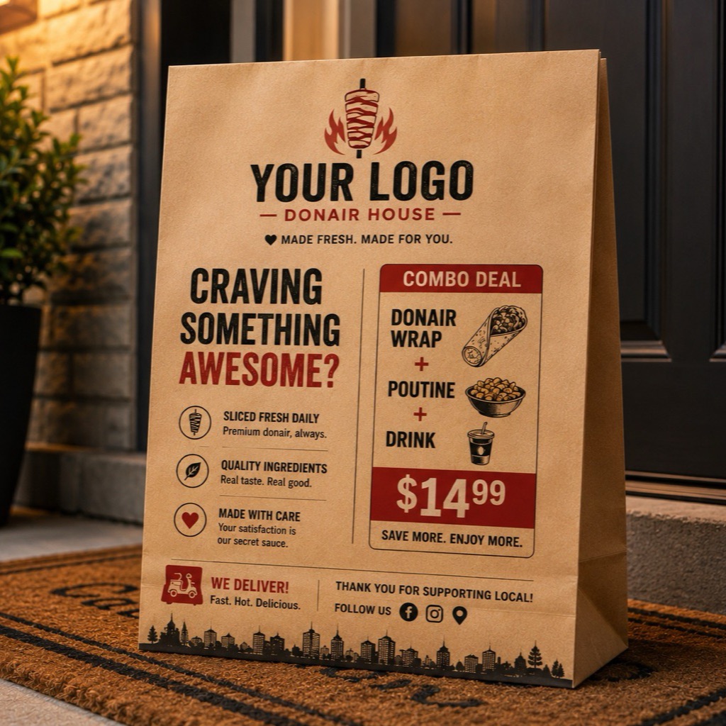 Kraft donair takeout bag promoting a combo deal, delivered to a front doorstep