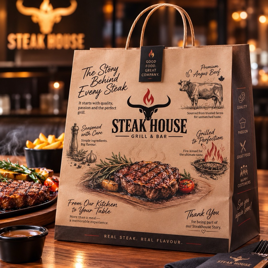 Steakhouse carry bag with a bold logo, beside plated steaks