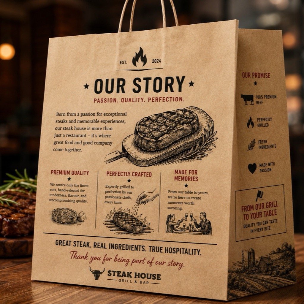 Steakhouse kraft bag telling the restaurant's story with its brand promises
