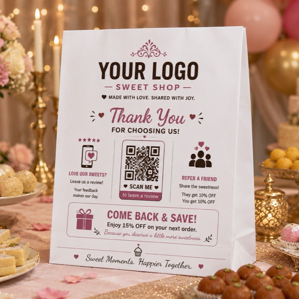 White sweet-shop bag printed with a thank-you note, review QR code, and referral offer