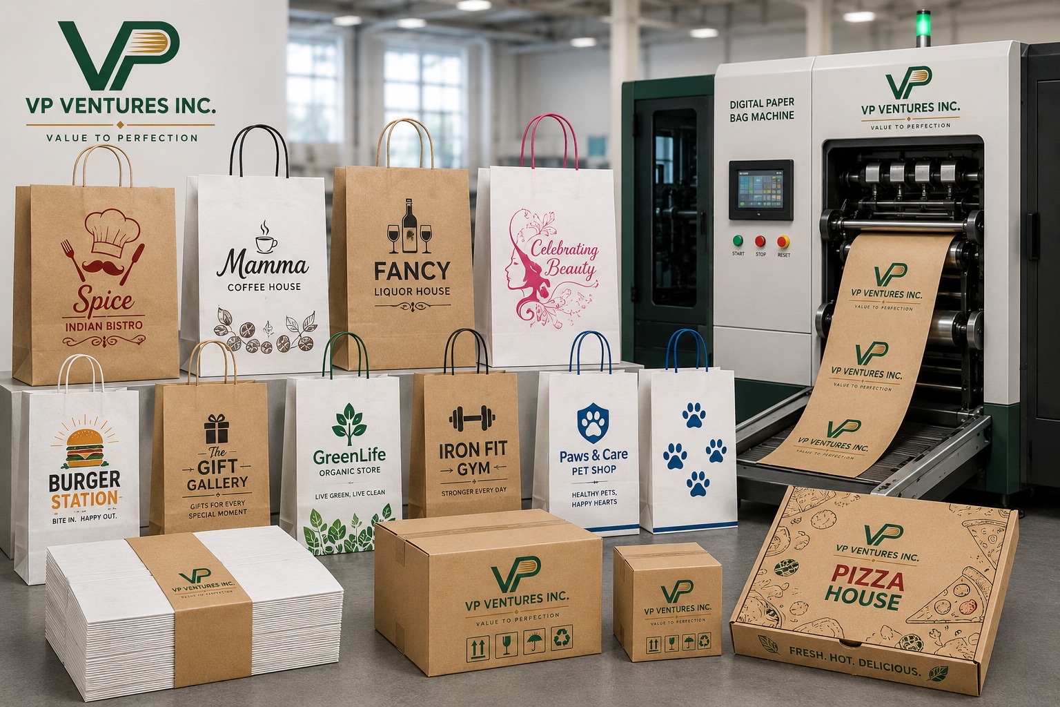 Digital paper bag machine printing kraft rolls behind a lineup of printed sample bags and boxes